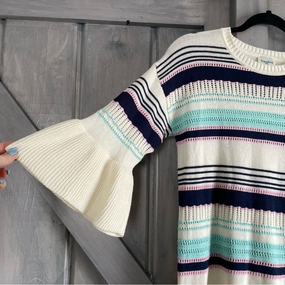 Hayden Los Angeles Bell Sleeve Ruffled hem open knit striped pullover‎ sweater S - Picture 2 of 6